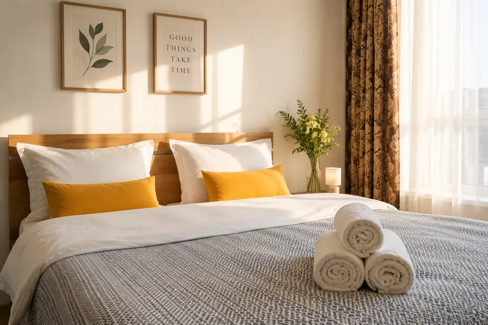 Dormitorio limpio y listo para el siguiente inquilino o huésped de Airbnb